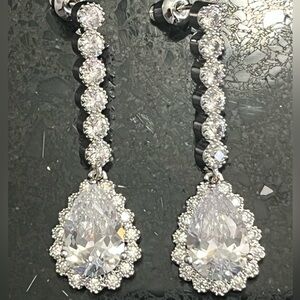 Micro Pave Pear Cut Cz silver cubic zirconia Halo Long Drop Dangle Earrings